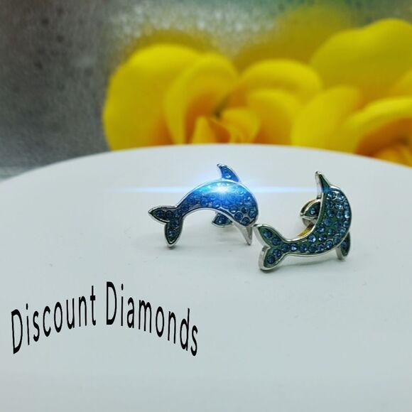 Dainty Round Cut Cluster Blue Sapphire Dolphin Earrings on 925 Sterling Silver - Picture 1 of 4